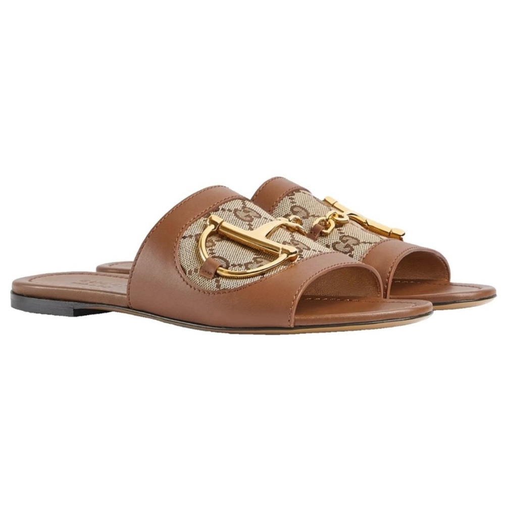 BNIB Gucci Alfa Gold Horsebit Brown GG Canvas Logo Leather Flat Slip Sandal 37.5